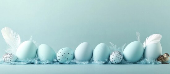 Obraz premium Ombre blue Easter eggs with quail eggs and feathers arranged on a soft blue background for a serene spring celebration theme