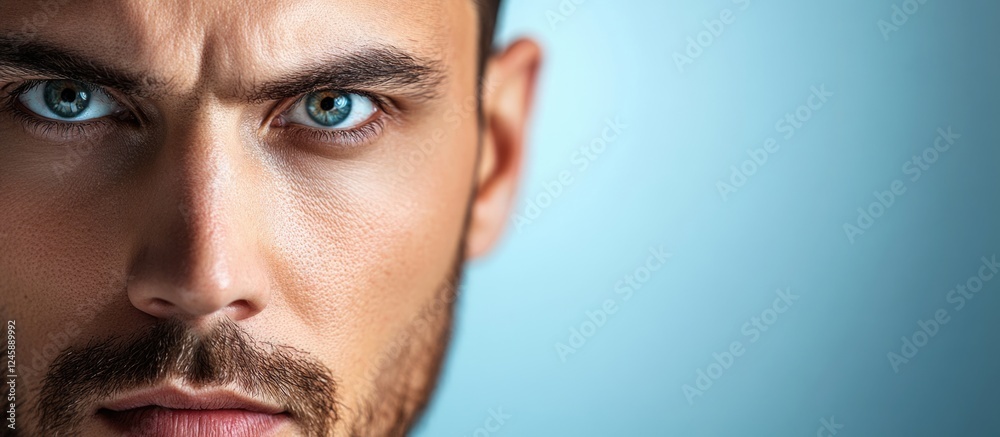 Fototapete intense close-up portrait of a man's face with striking blue eyes conveying emotion and depth while 