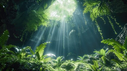 Obraz premium Plants in big cave, light coming down through the void from the top.