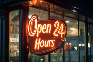 Retro "Open 24 Hours" neon sign glowing outside a diner