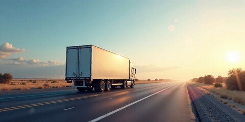 A large cargo truck travels on an empty highway during a beautiful sunset