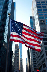 US flag in downtown against the backdrop of buildings in America.