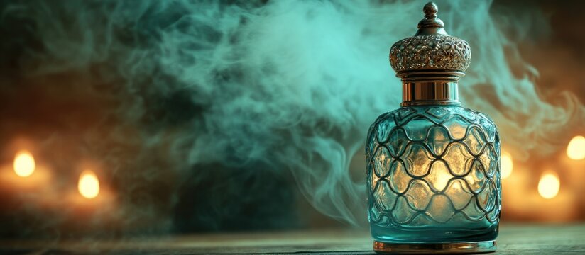 Elegant Arabic perfume bottle with mystical smoke on a dark background and ample space for textual content or branding.