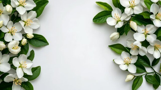 Sprigs of white flowers and green leaves are arranged on a white background, creating a natural border with copy space for text video 4K