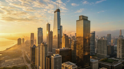 Naklejka premium The high-rise buildings of the metropolis are illuminated by the soft golden light of the morning sun. A light fog envelops the city.