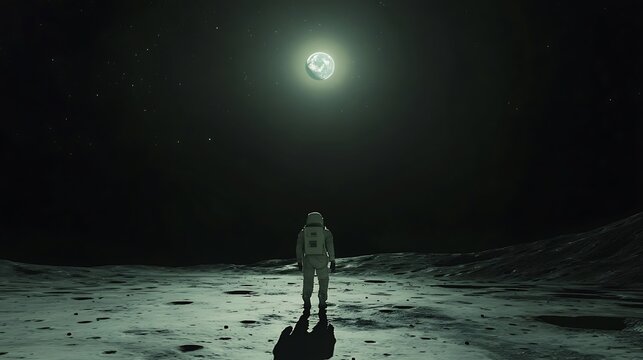 astronaut in a white spacesuit walks across the barren, cratered surface of the moon, with Earth visible in the dark sky above, shining brightly against the star-filled cosmos 