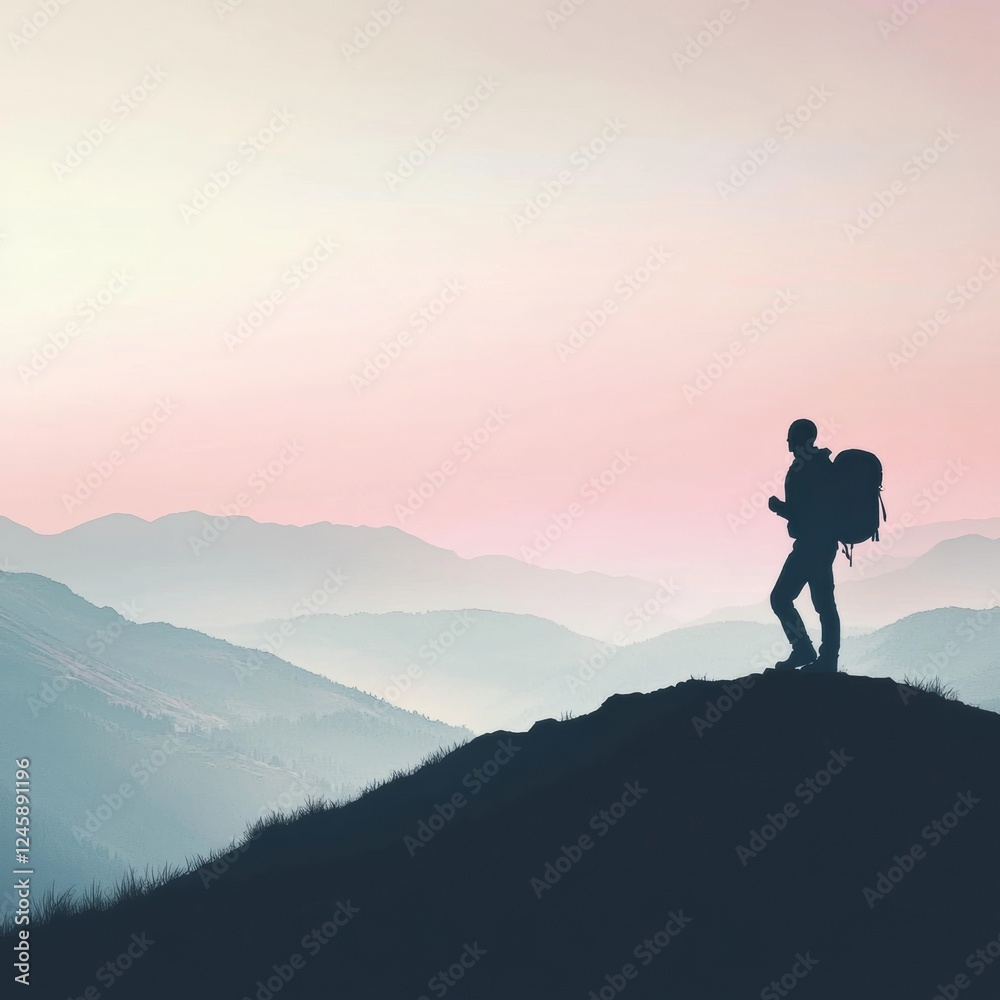 Poster hiker with backpack standing on mountain ridge at sunset enjoying the vast open landscape. generativ