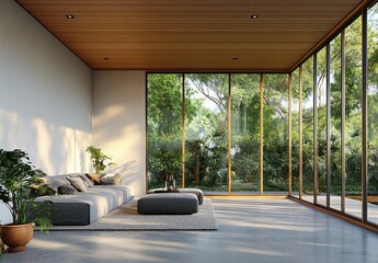 Fototapeta premium Modern Minimalist Living Room with Natural Light Green Plants and Concrete Floor