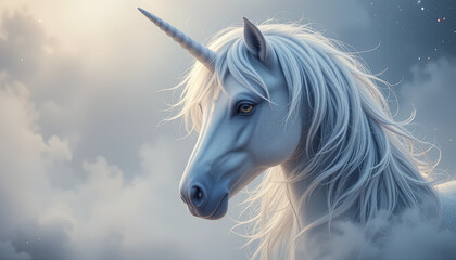 Obraz premium majestic white unicorn with shimmering horn stands gracefully among soft clouds, exuding ethereal beauty that captivates imagination