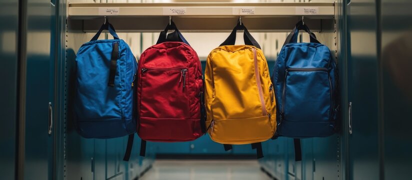 Colorful backpacks hanging in a school locker room with space for messages or promotional content