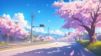 桜が舞い散る、良く晴れた街並みのイラスト