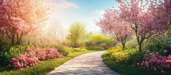 Panoramic view of a vibrant garden with a stone path and blossoming trees on a sunny spring day ideal for outdoor nursery promotion