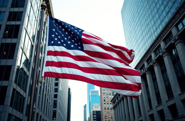 US flag in downtown against the backdrop of buildings in America.