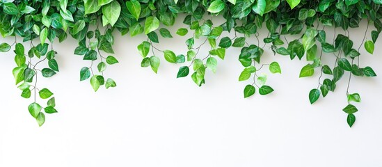 Lush green leaves cascading against a clean white wall providing a serene backdrop with ample space for text or branding.
