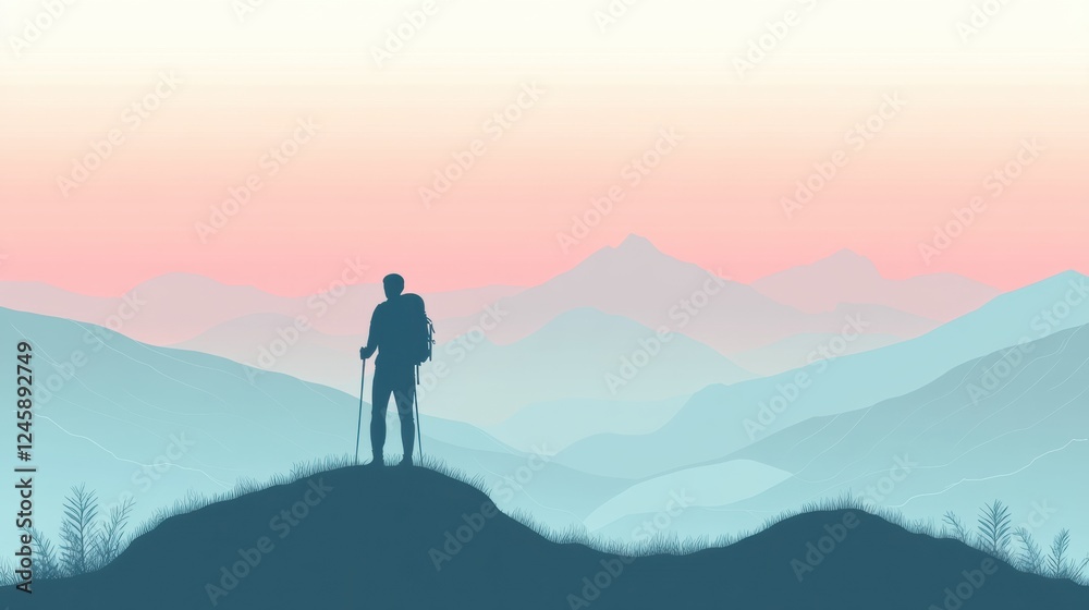 Poster hiker standing on mountain ridge at sunset with space for text. generative ai