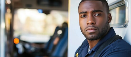 Emergency Medical Technician in ambulance ready for action conveying professionalism and dedication with empty space for text or branding