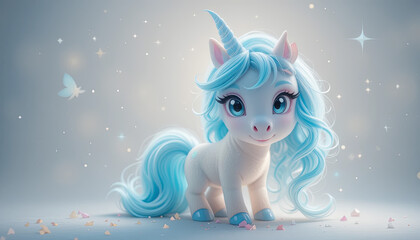Fototapeta premium cute unicorn character with blue mane and sparkling background, exuding magical and whimsical vibe. Perfect for children themes and fantasy illustrations