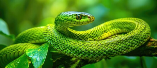 Fototapeta premium Green Vine Snake Ahaetulla nasuta in lush vegetation Western Ghats Amboli Maharashtra India showcasing unique arboreal habitat and biodiversity.