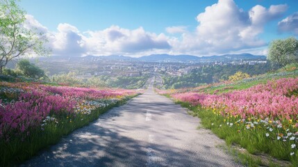 Obraz premium Serene Spring Road to Cityscape