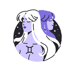 Gemini zodiac sign contour avatar. Constellation, horoscope symbol in circle icon. Element of astrology, esoteric stars calendar in round shape. Flat isolated vector illustration on white background