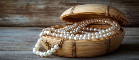 Bamboo jewelry box with pearl necklaces displayed on a rustic wooden background showcasing elegance and craftsmanship.