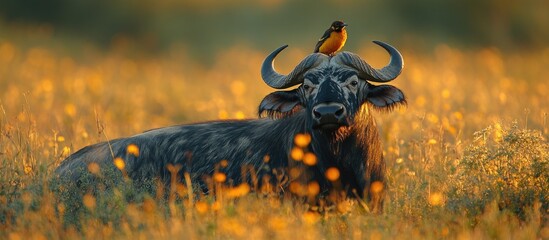 Yellow-billed oxpecker perched on a buffalo in Nakuru National Park highlighting the symbiotic relationship in a vibrant natural setting.