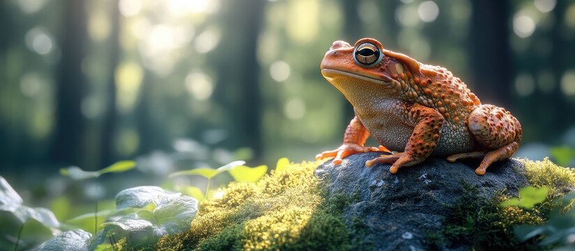 American Toad Anaxyrus americanus resting on mossy rock in sunlit forest setting showcasing amphibian habitat and natural environment.