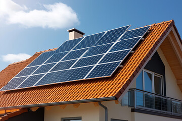 Fototapeta premium Harnessing the Sun: A Modern Home with Solar Panels on the Roof, Bathed in Sunlight, Embracing Renewable Energy and Sustainability