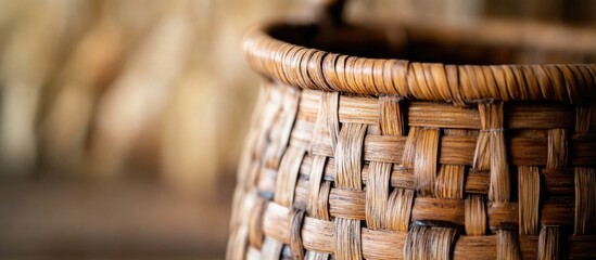Obraz premium Handcrafted bamboo basket showcasing intricate weaving details and natural texture in a rustic setting.