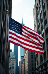 US flag in downtown against the backdrop of buildings in America.