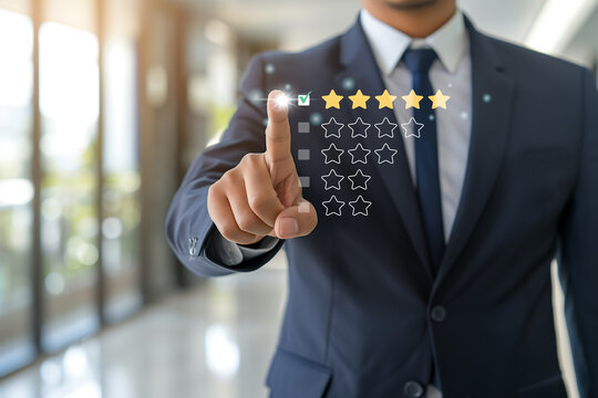 Five Star Review A businessman's finger hovers over five golden stars, symbolizing exceptional customer service and top-notch performance, with a professional and confident demeanor.  