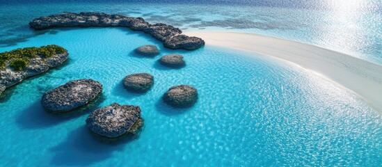 Turquoise transparent sea water with coral and stones in a serene lagoon scenic view ideal for summer vacation and relaxation themes.