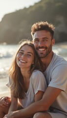 Fototapeta premium A happy couple sits closely together on a sunlit beach, radiating joy and love. Their genuine smiles and relaxed posture capture the essence of a perfect day by the sea, surrounded by natures beauty.