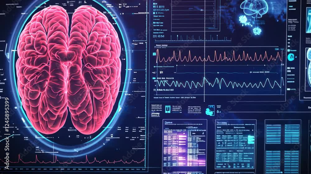 Poster interactive brain interface displaying advanced neural activity and data visualization