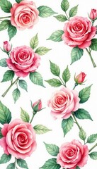 Naklejka premium Delicate watercolor roses & leaves, seamless repeat, background image, pattern