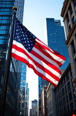 US flag in downtown against the backdrop of buildings in America.