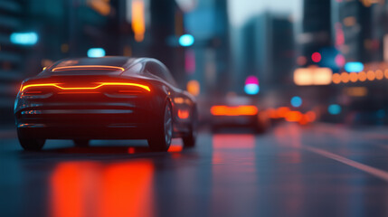 Futuristic cars driving in vibrant city at dusk, showcasing glowing lights and modern architecture.