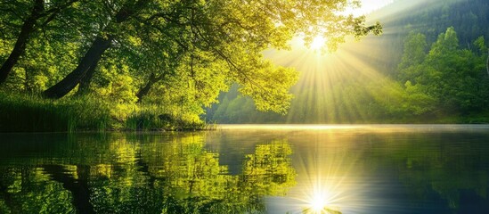 Fototapeta premium Backlit forest trees creating shimmering reflections in tranquil lake water at dawn in Stanley Idaho