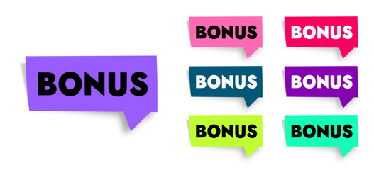 set of colored stickers with shadow with text bonus on white background