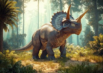 Fototapeta premium Majestic Triceratops in a Vibrant Prehistoric Forest with Lush Greenery and Soft Diffused Lighting