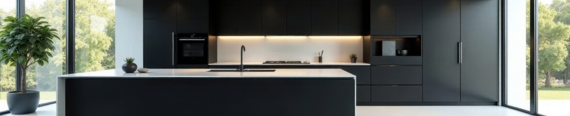 Sleek black cabinetry, minimalist kitchen, pristine countertops, simple design, light and airy