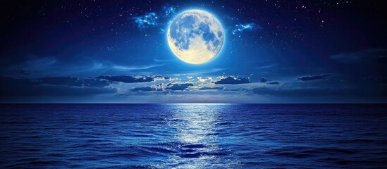 Serene full moon illuminating a tranquil night sky over a calm ocean landscape with gentle waves reflecting moonlight.