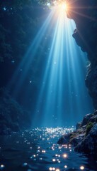 Mystic sunbeams pierce deep blue, illuminating ethereal rising bubbles, dark blue, underwater
