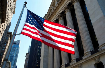 US flag in downtown against the backdrop of buildings in America.