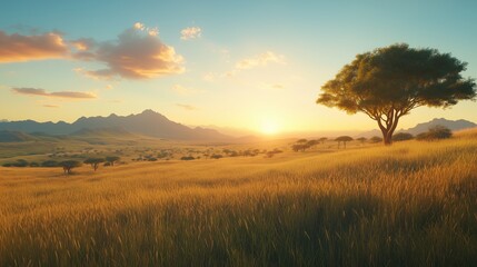 Sunrise over serene landscape open field nature view tranquility