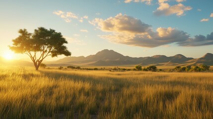 Obraz premium Nature's tranquil landscape sunset over golden fields and mountains