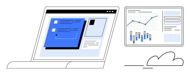 Laptop displaying various digital data elements connected to cloud computing. Adjacent screen shows charts and data analytics. Ideal for tech, business, finance, education, remote work, cloud