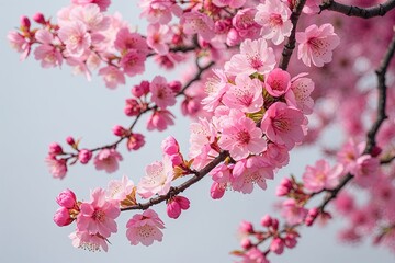 Obraz premium Stunning Cherry Blossom Flowers in Spring Pink Against White Background