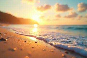 Ocean Breeze. Sunset golden beach waves shore with pebbles summer vaca