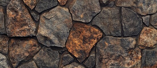Detailed stone wall texture featuring various rock shapes and earthy tones ideal for backgrounds or architectural designs.